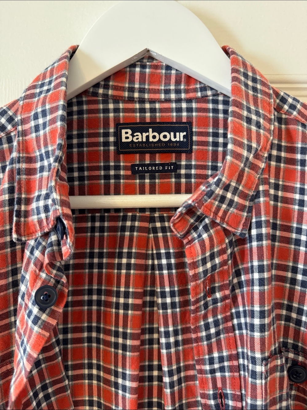 Barbour Red and Navy Plaid Tailored Button-Down Shirt